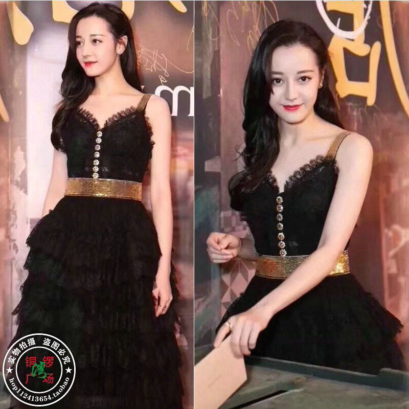 迪丽热巴明星同款公司年晚宴会吊带礼服显瘦舞台黑色
