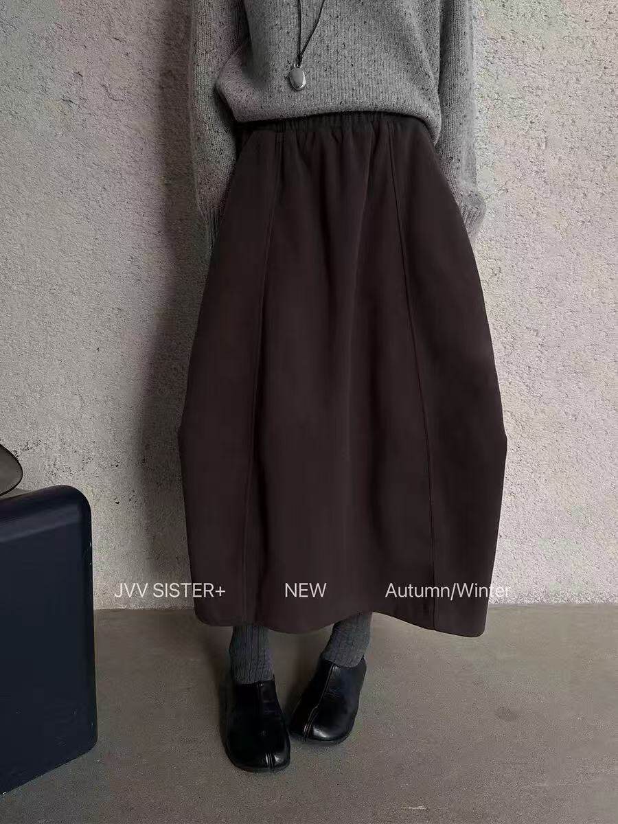 JVV2026年新款女装韩系半身裙女高腰显瘦A字裙毛呢长款裙子松紧腰 - 实物图