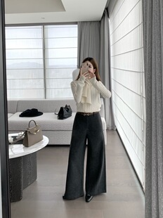 EASE气质高腰显瘦毛呢直筒西裤配腰带25秋新款女装休闲阔腿长裤子