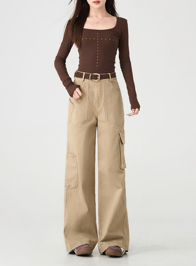 早秋新款弹力工装牛仔裤阔腿裤女高腰口袋89306