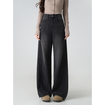 【草莓粉丝专享】黑灰色牛仔裤女中高腰宽松显瘦弯刀阔腿裤89301