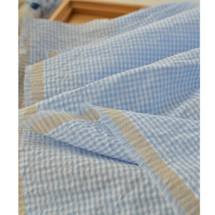 清新全棉浅蓝白格子水洗泡泡纱布料 夏轻薄手工DIY衬衫裙睡衣面料