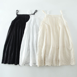 春夏新款 蕾丝花边风琴褶薄棉刺绣吊带连衣裙森女风叠穿打底中长裙