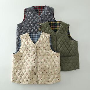 冬季新款甜美森系碎花夹棉两面穿背心马甲女V领百搭保暖马夹外套