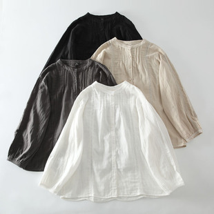 衬衫 甜美森系风琴褶拼蕾丝双纱棉长袖 女宽松百搭柔软衬衣 新款 春季