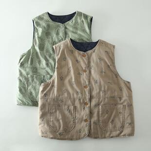 冬季新款甜美森系印花夹棉两面穿背心马甲女圆领百搭坎肩保暖马夹