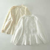 甜美森女系木耳花边领全棉长袖 衬衫 日系蕾丝拼贴褶皱刺绣套头上衣