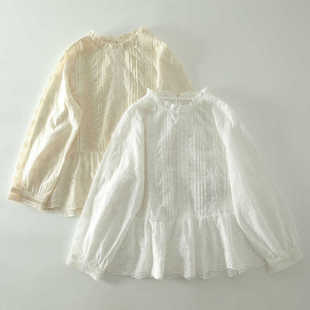 甜美森女系木耳花边领全棉长袖 日系蕾丝拼贴褶皱刺绣套头上衣 衬衫