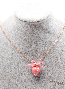 日本进口草莓项链大颗粒草莓与蝴蝶结链条项链 长度约 49cm
