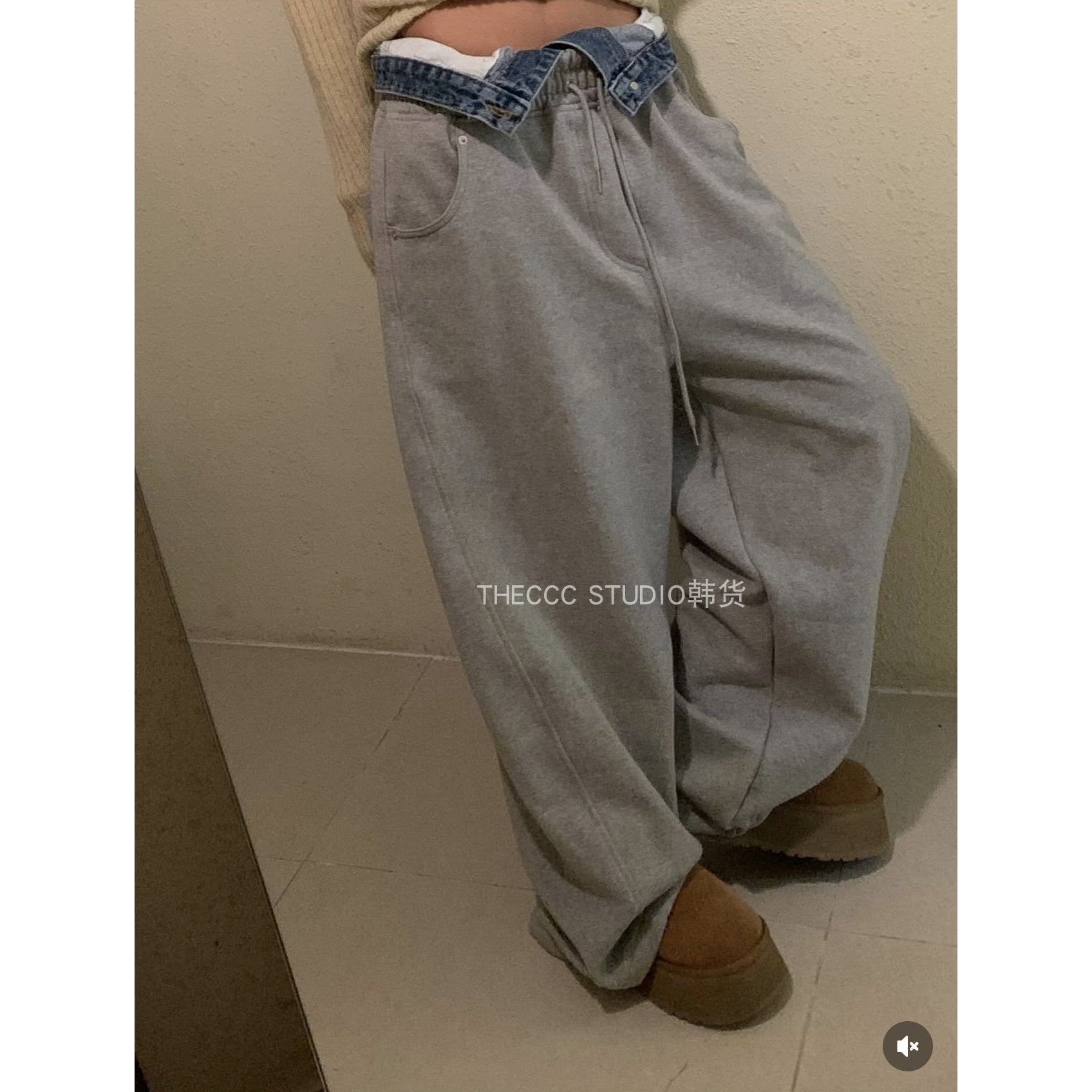 韩货代购25冬 拼接假两件松紧腰宽松版休闲裤加绒