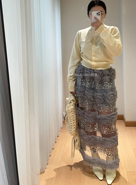 韩货代购25秋 圆领长袖单排扣简约纯色温柔黄色针织衫开衫