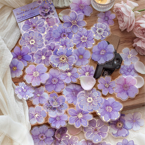 PET烫金紫色花朵贴纸高颜值轻复古小花手帐拼贴手工diy装饰素材贴