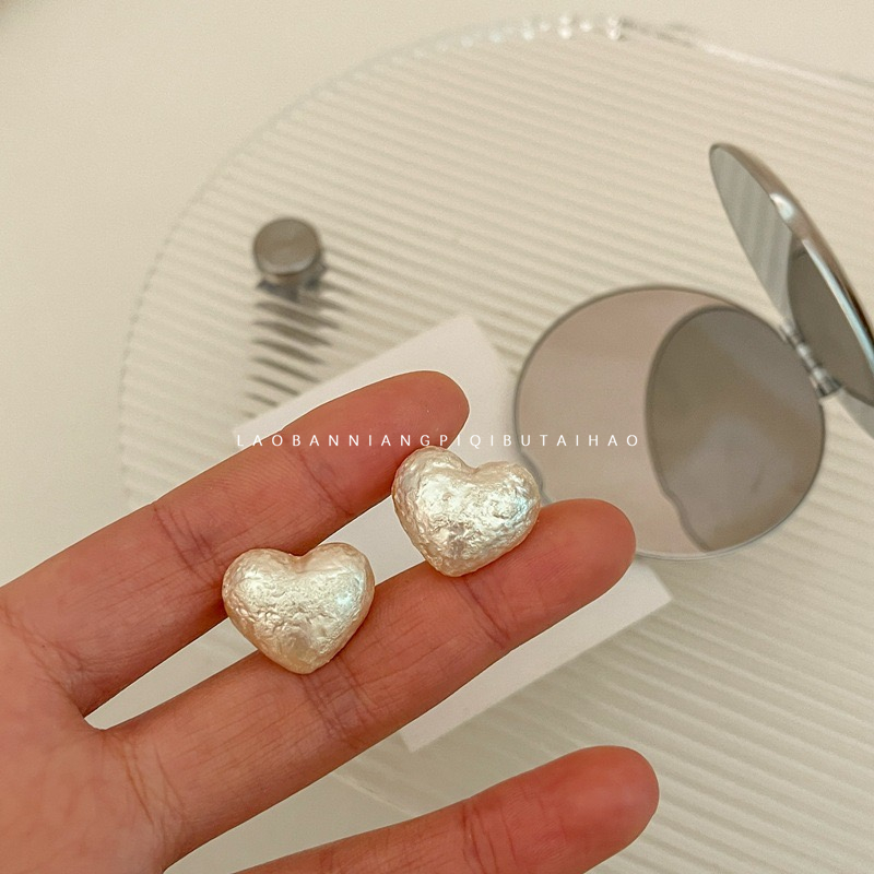 立体棉花珍珠肌理感耳钉桃心耳饰