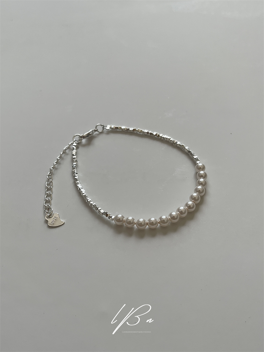 极简珍珠纤细碎银子纯银手链ins小众设计女生叠戴串珠手饰16516