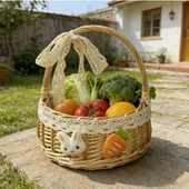 蔬菜水果收纳篮 手工藤编手提篮 野餐篮 饰 伴手礼篮 蕾丝兔耳装