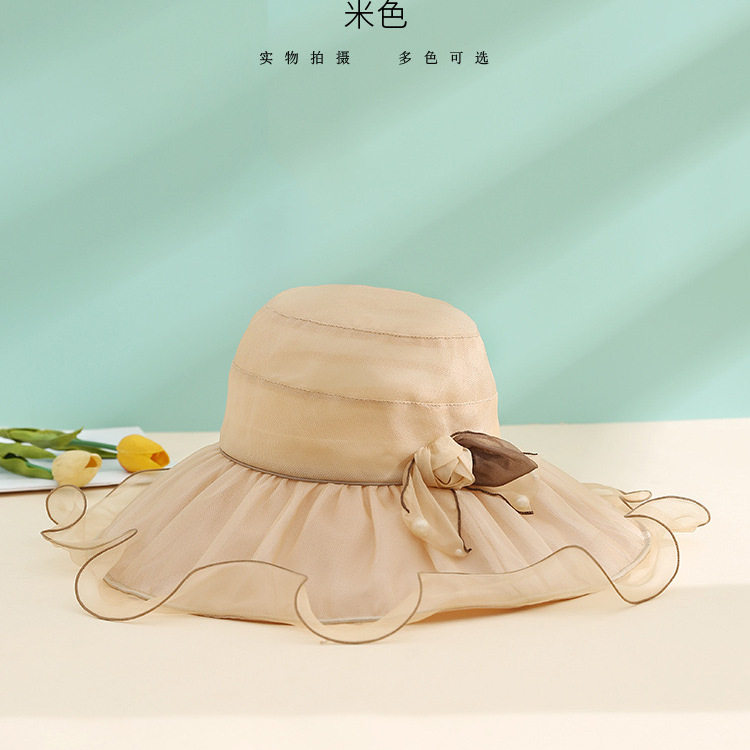 ptah布塔春夏新大檐褶皱防晒遮阳女花朵出游海边度假真丝太阳帽