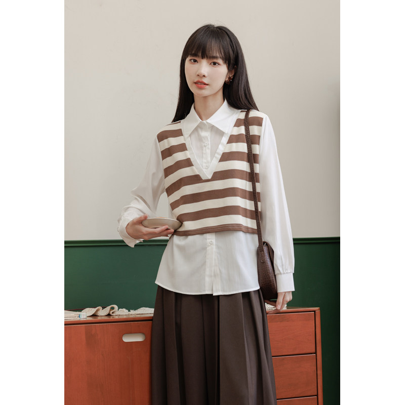 브랜드 통관 레트로 가짜 두 개의 새로운 가을 편안한 스태킹 조끼 셔츠 세련된 디자인 틈새 탑