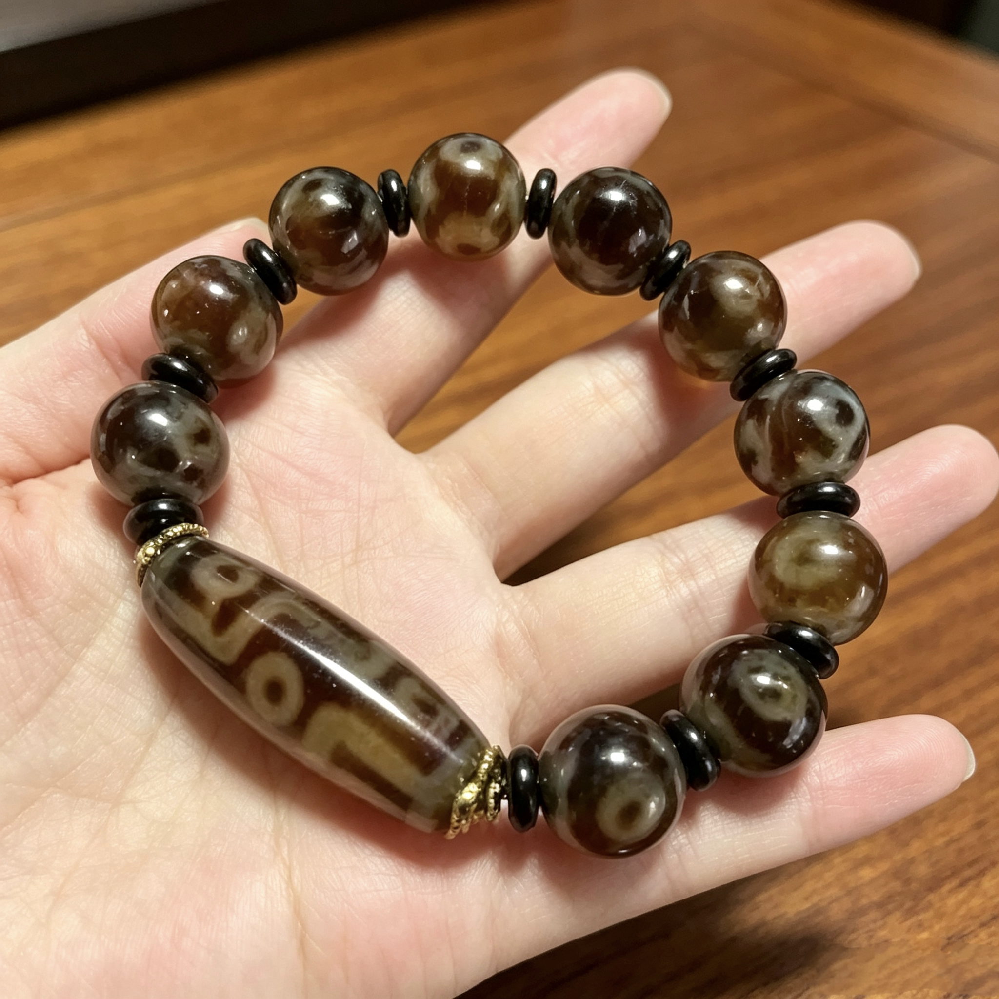 西藏渗透圆珠三眼九眼天珠玛瑙手链亮光仿古天珠玉石手串手串佛珠