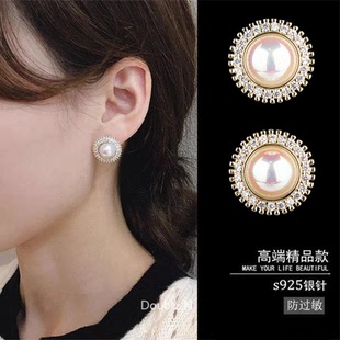 925银针圆形镶钻珍珠耳钉耳环复古耳夹无耳洞女高级感小香风耳饰