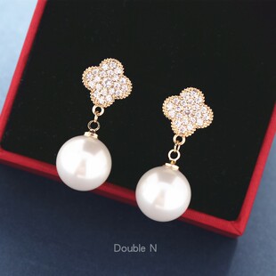 925银针镶钻四叶草大珍耳坠耳环复古耳钉女气质高级感抗过敏耳饰