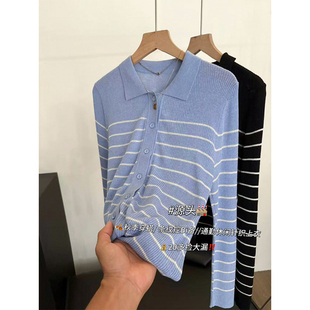 韩国小众！2025秋款气质休闲撞色POLO翻领设计螺纹长袖针织衫女