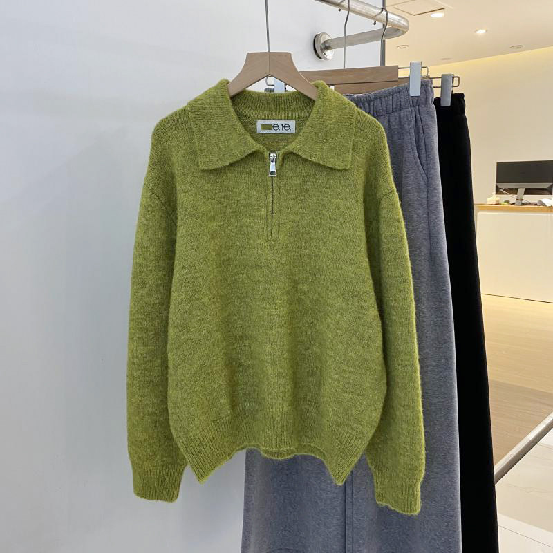 韩国小众设计款！2025秋冬新款慵懒气质宽松polo翻领休闲针织衫