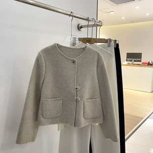 韩系小众高级感！2025秋冬新款圆领百搭休闲双面羊毛外套女