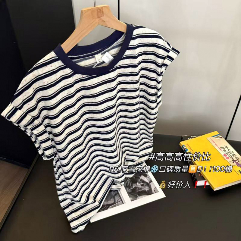 韩系条纹！2025新款个性花点设计时尚百搭显瘦休闲正肩短袖T恤女