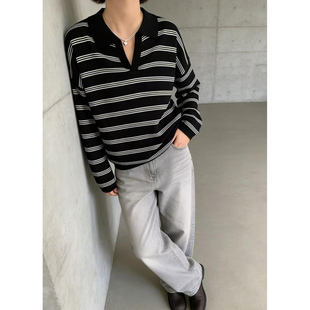 imiss家26%羊毛!2026春季新款气质撞色polo领宽松条纹针织衫女