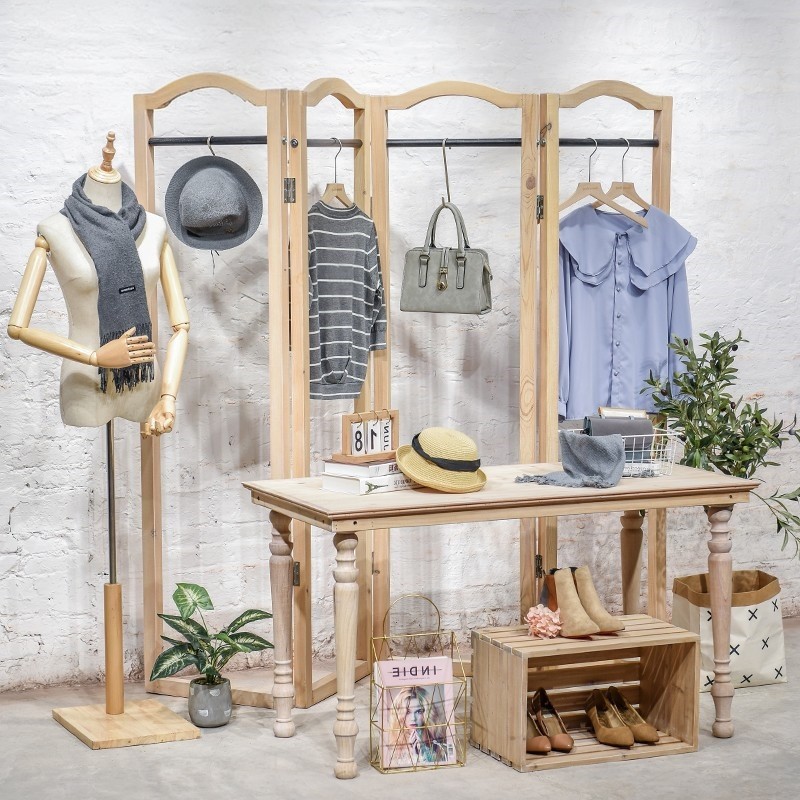 服装店展示架落地式实木质折叠屏风隔断挂衣架女装货架中岛陈列架