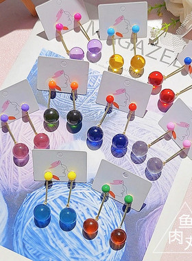 甜美透明16mm水晶撞色长双珠耳线