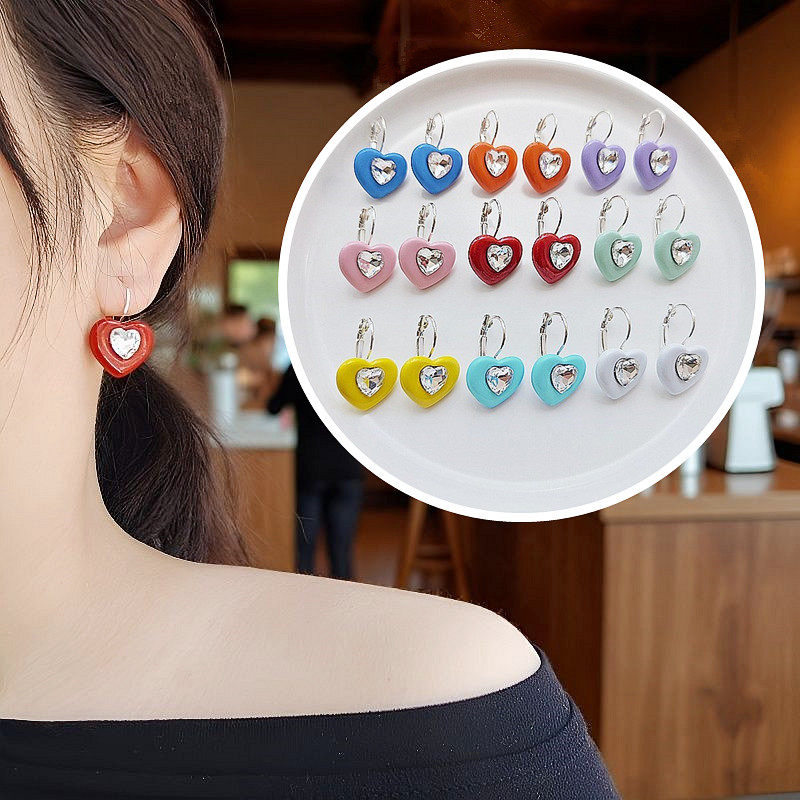 百搭简约甜美马卡龙彩色17mm滴釉爱心桃心K9水钻耳钩耳挂耳环耳饰