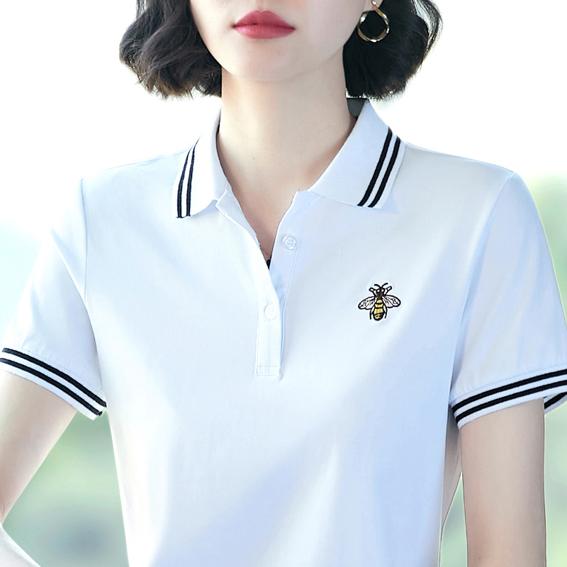 白色短袖t恤女夏季2025新款时尚妈妈polo衫纯棉显瘦气质上衣翻领
