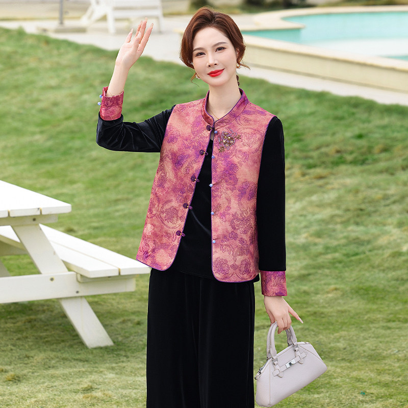 新中式风金丝绒两件套女春季立领马甲妈妈装中老年国风套装