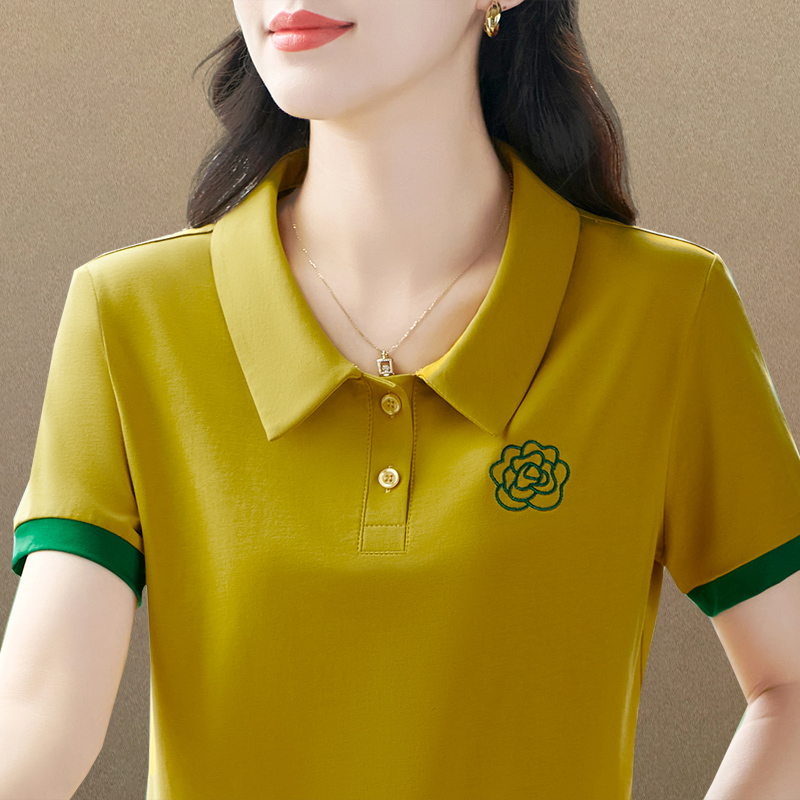 女士夏季翻领短袖t恤2025新款减龄洋气妈妈装POLO衫纯棉半袖上衣