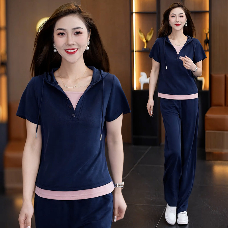 休闲运动套装女2026夏季新款时尚连帽短袖两件减龄气质假三件套