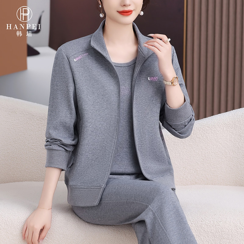 妈妈运动服套装女春秋新款洋气女士立领卫衣套装跑步休闲装三件套