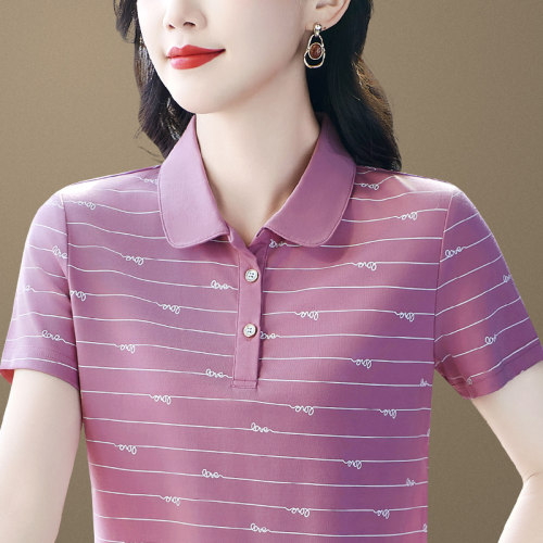 条纹翻领短袖POLO衫女减龄夏季