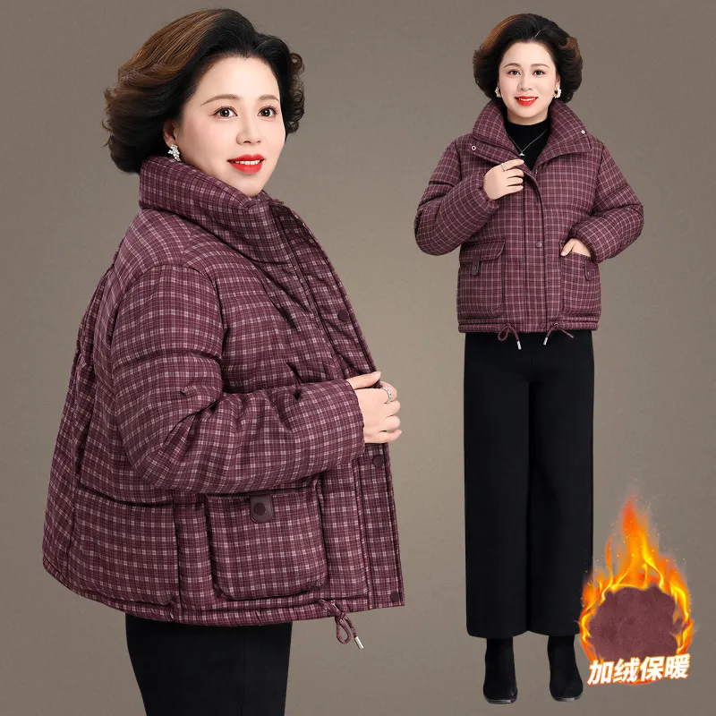 中老年女立领加厚保暖格纹棉服