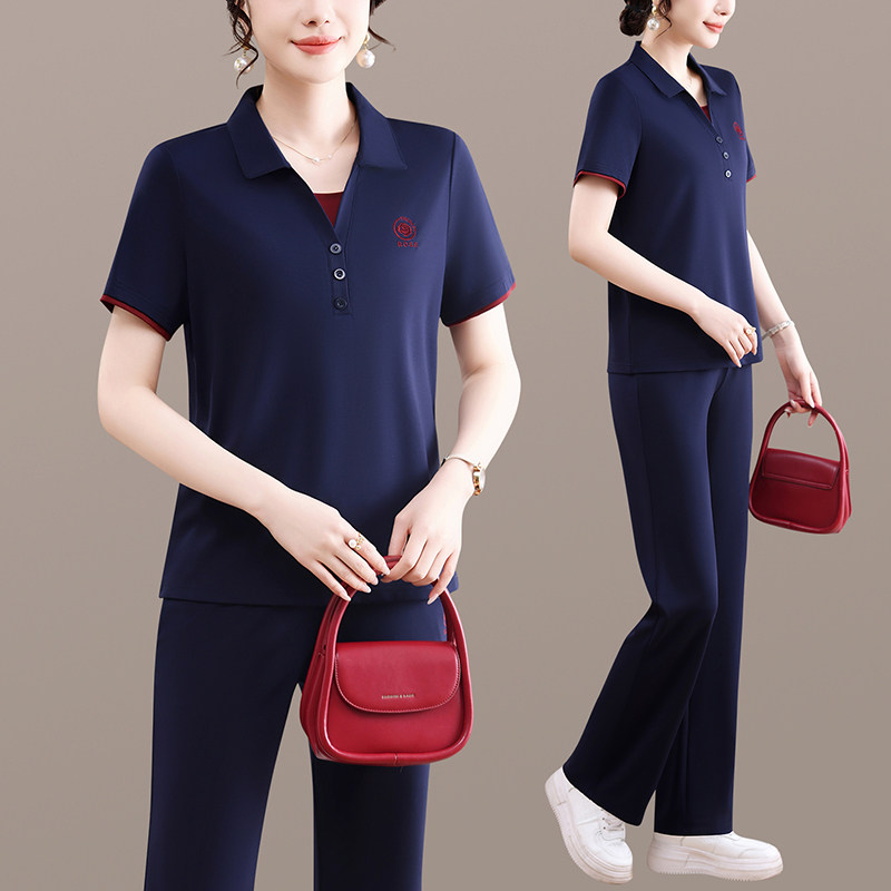 年轻妈妈夏装时尚休闲两件套2026新品POLO领短袖T恤上衣运动套装