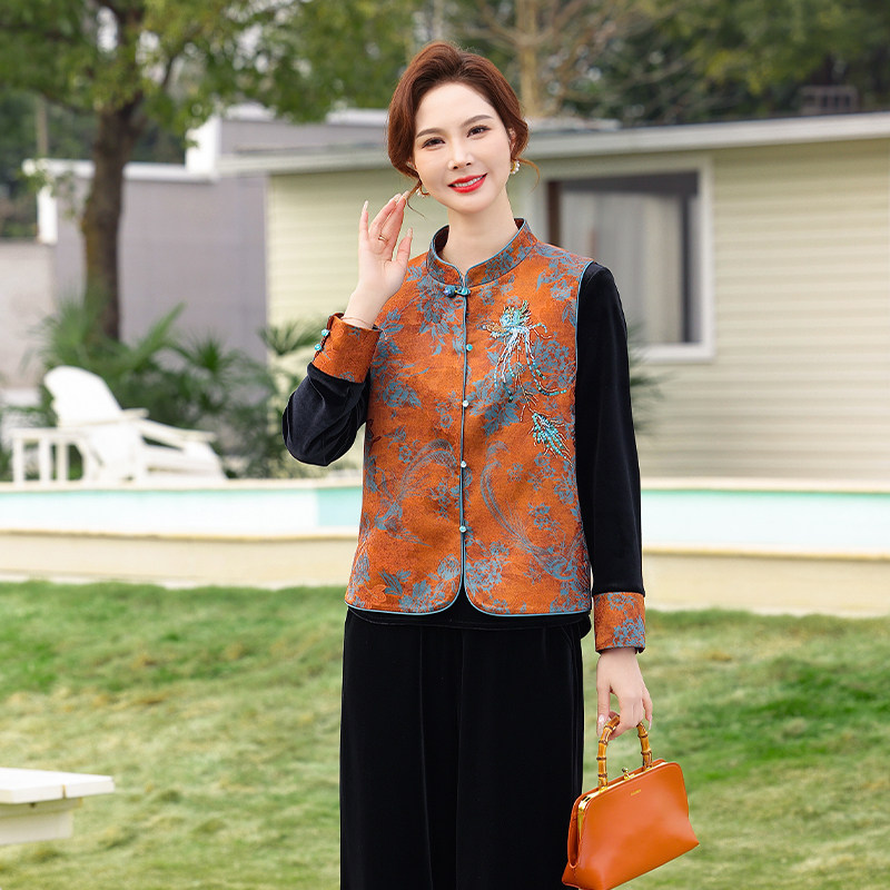新中式风金丝绒刺绣马甲两件套女2026春季中老年国风套装