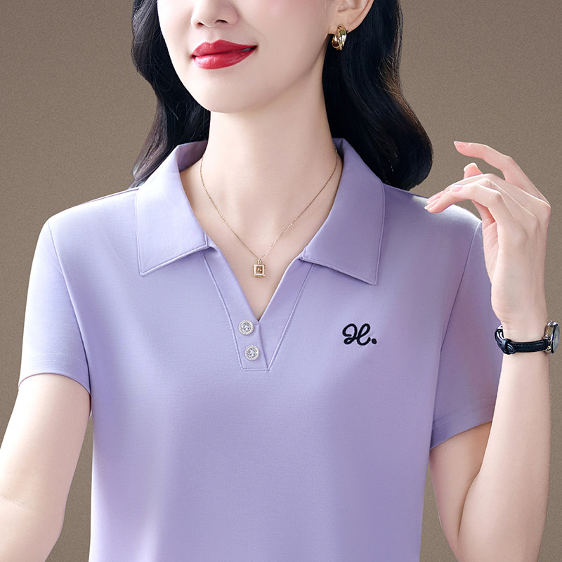 夏天短袖t恤女2026新款爆款宽松大码冰丝上衣女装中年女士polo衫