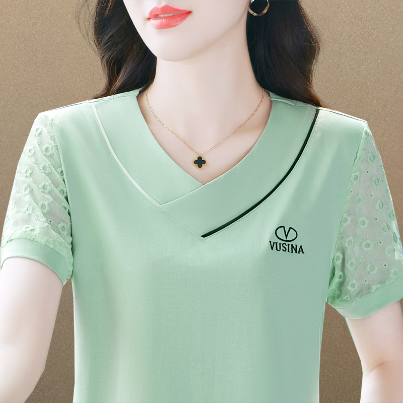 V领短袖t恤女夏季2025新款时尚洋气遮肚减龄流行爆款妈妈装上衣