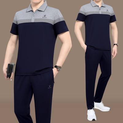 爸爸夏季运动套装男士2025新款短袖长裤中老年宽松休闲衣服两件套