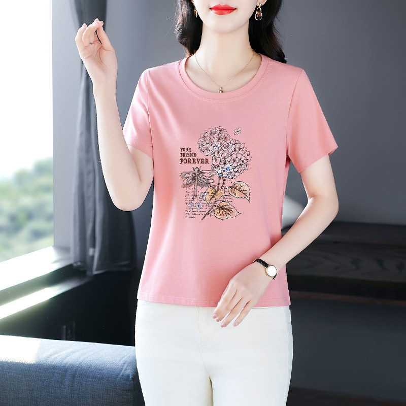 夏季短袖t恤女莫代尔棉小衫新款中年人时尚绣花上衣百搭休闲体桖