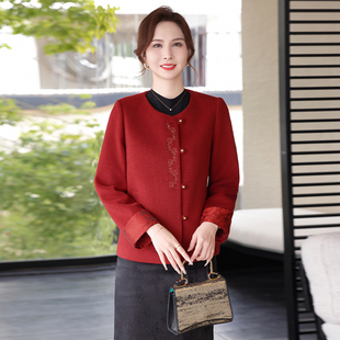 中国风红色刺绣外套女短款单排扣气质呢子妈妈装上衣