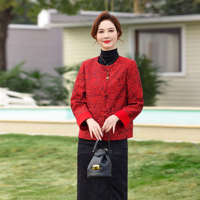 中国风红色刺绣盘扣短外套女中老年妈妈装优雅百搭上衣