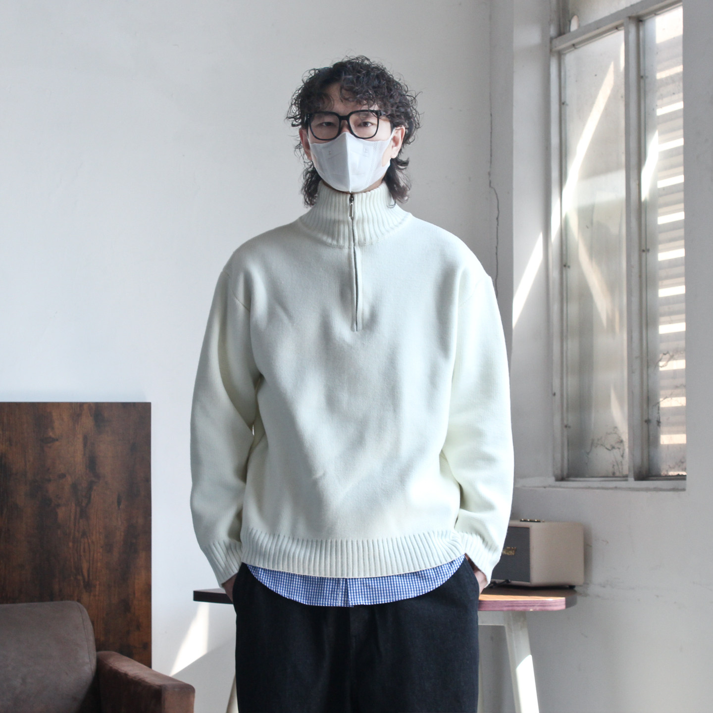 阿爆先生日系简约纯色重磅毛衣男小高领拉链毛衣宽松百搭休闲毛衣