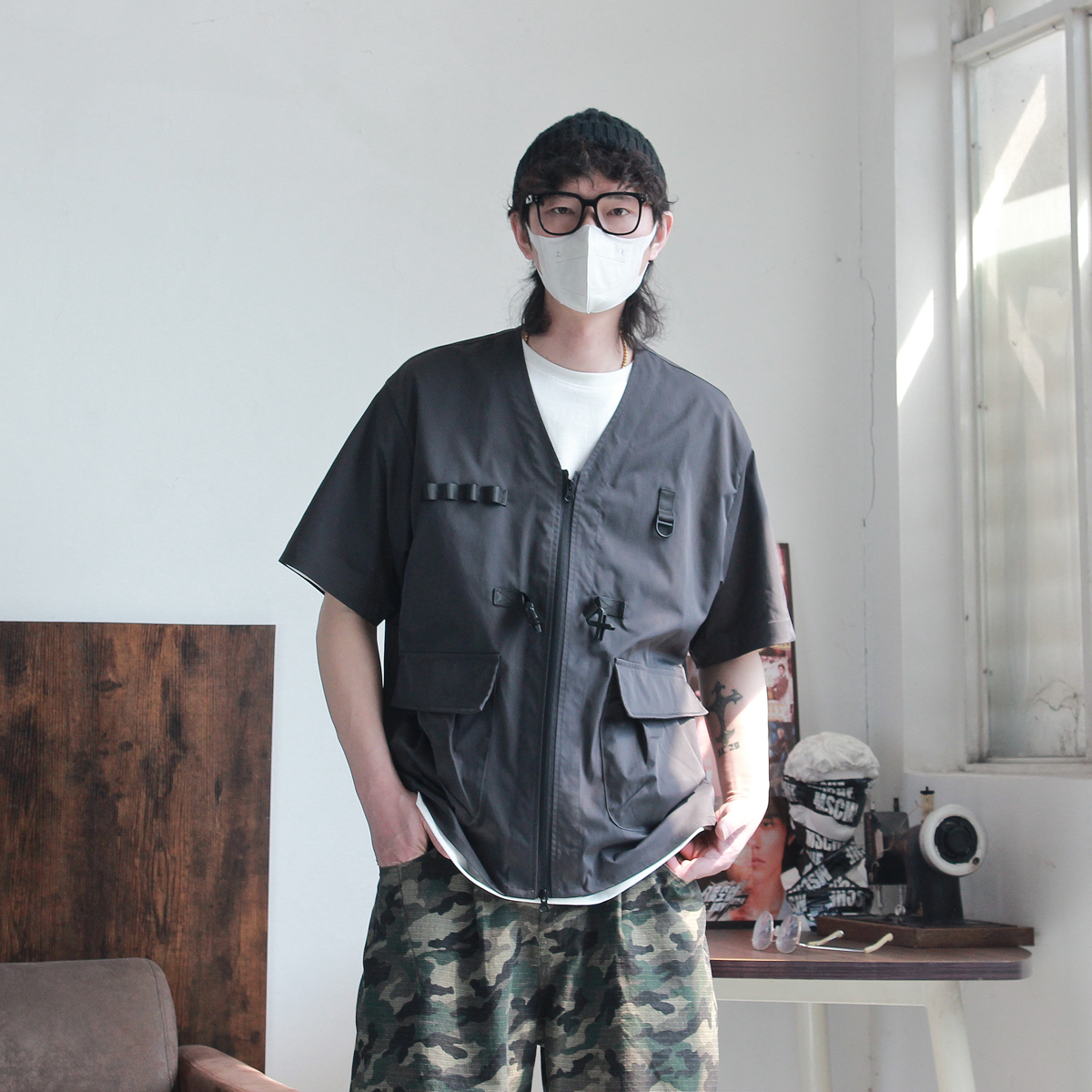 美式潮牌无领战术短袖衬衫