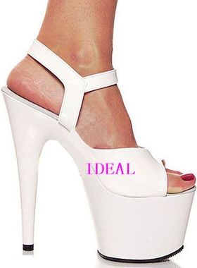 17CM超高跟鞋性感细跟漆皮凉鞋防水台水晶白色婚鞋夜店演出舞台鞋